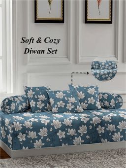 ARRABI - Blue Floral TC Cotton Blend Diwan Set of 6 (Double)