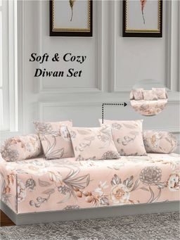 ARRABI - Beige Floral TC Cotton Blend Diwan Set of 6 (Double)