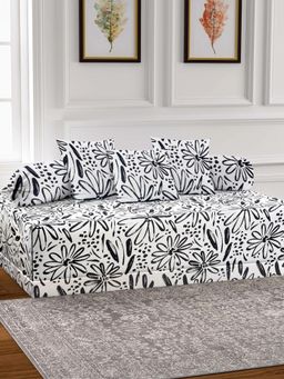 ARRABI - White Floral TC Cotton Blend Diwan Set of 6 (Double)
