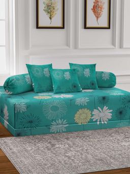 ARRABI - Green Floral TC Cotton Blend Diwan Set of 6 (Double)