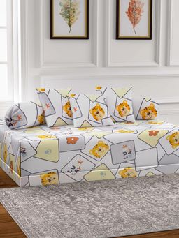 ARRABI - White Cartoon TC Cotton Blend Diwan Set of 6 (Double)