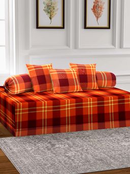 ARRABI - Orange Checks Cotton Diwan Set of 6 (Double)