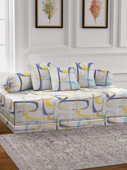 ARRABI - White Geometric TC Cotton Blend Diwan Set of 6 (Double)