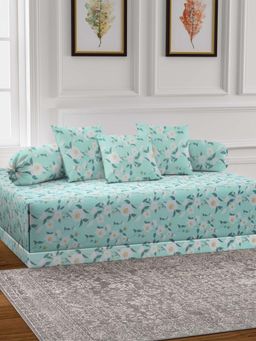 ARRABI - Green Floral TC Cotton Blend Diwan Set of 6 (Double)