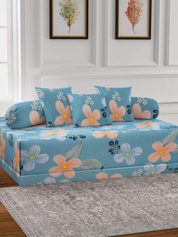 ARRABI - Blue Floral TC Cotton Blend Diwan Set of 6 (Double)