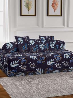 ARRABI - Black Floral TC Cotton Blend Diwan Set of 6 (Double)