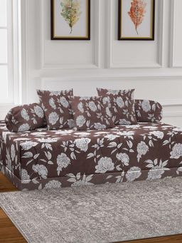 ARRABI - Brown Floral TC Cotton Blend Diwan Set of 6 (Double)