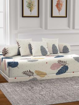 ARRABI - Cream Leaf TC Cotton Blend Diwan Set of 6 (Double)
