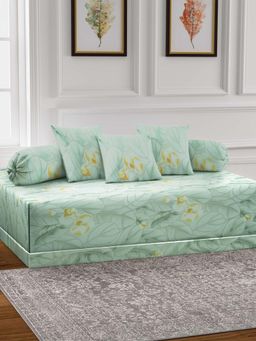 ARRABI - Green Floral TC Cotton Blend Diwan Set of 6 (Double)
