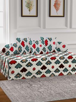 ARRABI - White Geometric TC Cotton Blend Diwan Set of 6 (Double)
