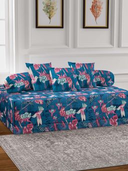 ARRABI - Blue Animal TC Cotton Blend Diwan Set of 6 (Double)