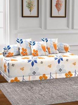 ARRABI - White Floral TC Cotton Blend Diwan Set of 6 (Double)