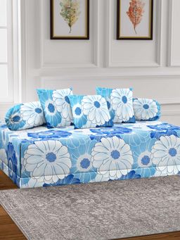 ARRABI - Blue Floral TC Cotton Blend Diwan Set of 6 (Double)