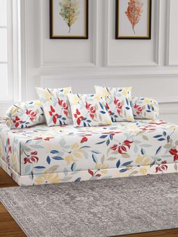 ARRABI - White Floral TC Cotton Blend Diwan Set of 6 (Double)