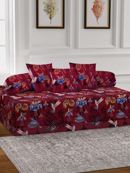 ARRABI - Maroon Animal TC Cotton Blend Diwan Set of 6 (Double)