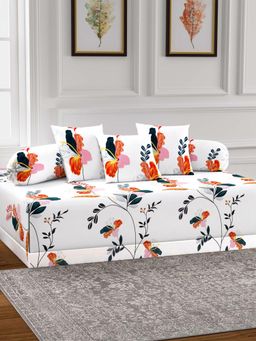 ARRABI - White Floral TC Cotton Blend Diwan Set of 6 (Double)