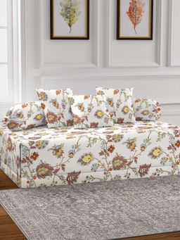 ARRABI - White Floral TC Cotton Blend Diwan Set of 6 (Double)