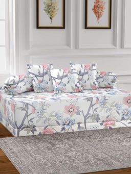 ARRABI - White Floral TC Cotton Blend Diwan Set of 6 (Double)