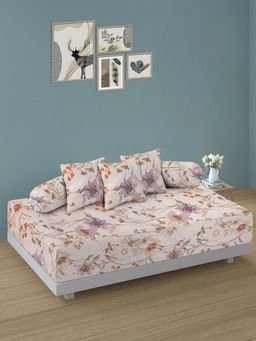 ARRABI - Off White Floral TC Cotton Blend Diwan Set of 6 (Double)