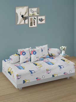 ARRABI - Off White Cartoon TC Cotton Blend Diwan Set of 6 (Double)