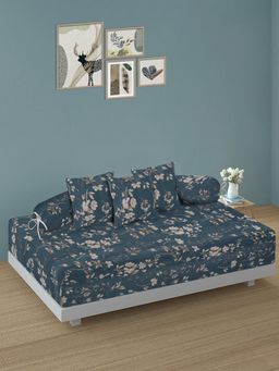 ARRABI - Blue Floral TC Cotton Blend Diwan Set of 6 (Double)