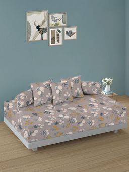 ARRABI - Brown Floral TC Cotton Blend Diwan Set of 6 (Double)