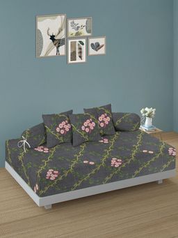 ARRABI - Grey Floral TC Cotton Blend Diwan Set of 6 (Double)