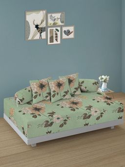 ARRABI - Green Floral TC Cotton Blend Diwan Set of 6 (Double)