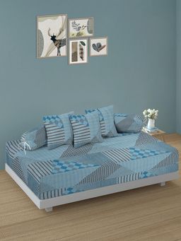 ARRABI - SkyBlue Geometric TC Cotton Blend Diwan Set of 6 (Double)