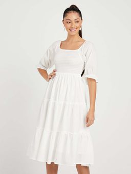 Styli - White Short Sleeves Square Neck Smocked Detail Tiered Midi Dress