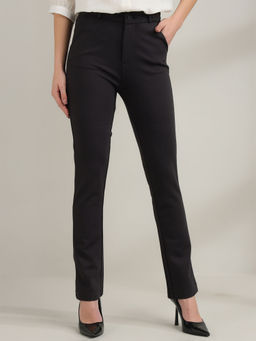 Xpose - Women Charcoal Comfort Straight Slim Fit High-Rise Trouser