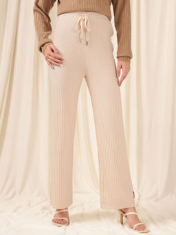 Xpose - Women Off White Wide Leg Knitted Broad Rib Trouser