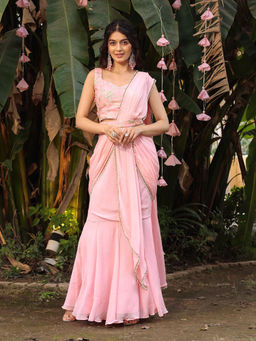 Label Aditi Hundia - Vaani Pink Pre-Draped Saree with Belt and Stitched Blouse