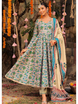 Label Aditi Hundia - Multi-Color Cotton Anarkali Kurta with Pant and Dupatta (Set of 3)