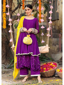 Label Aditi Hundia - Anika Purple Anarkali Kurta with Pant and Dupatta (Set of 3)