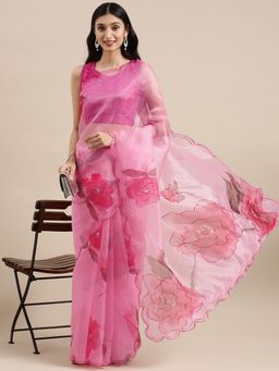 Vastranand - Pink Organza Party Wear Saree With Aari Work Butta with Unstitched Blouse