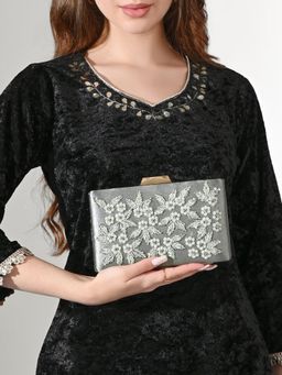 Lavie Signature - Silver Womens Golden Embroidery Frame Clutch (L)