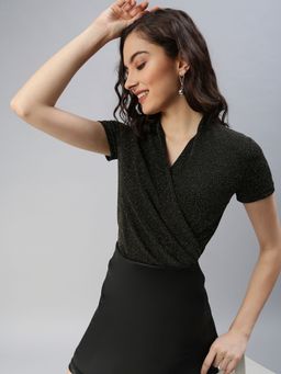 SHOWOFF - Womens V-neck Black Wrap Regular Top