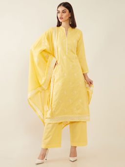 Soch - Yellow Machine Embroidery Cotton Unstitched Dress Material - 3 Meter Kurta Fabric