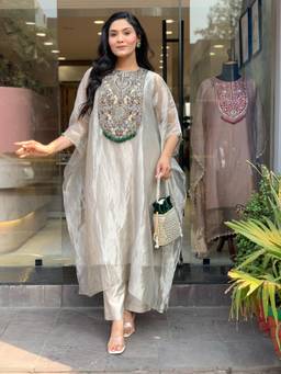 Gahan - Womens Beige Tissue Embroidered A-Line Kaftan Kurta with Pant