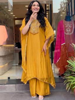 Gahan - Womens Mustard Rayon Blend Embroidered Kaftan Kurta with Palazzo