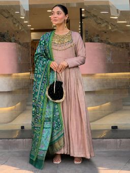 Gahan - Womens Beige Simmer Silk Embroidered Anarkali Kurta With Pant & Dupatta