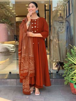 Gahan - Womens Rust Rayon Blend Embroidered Anarkali Kurta With Palazzo & Dupatta
