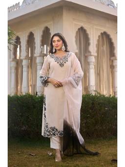 Gahan - Womens Cream Rayon Blend Embroidered Straight Kurta with Pant & Dupatta