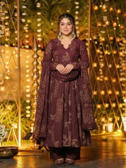 Gahan - Womens Maroon Rayon Blend Printed Anarkali Kurta With Palazzo Dupatta