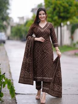 Gahan - Womens Brown Rayon Blend Printed Straight Kurta with Pant & Dupatta