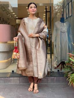 Gahan - Womens Beige Chanderi Silk Embroidered A-Line Kurta with Pant & Dupatta