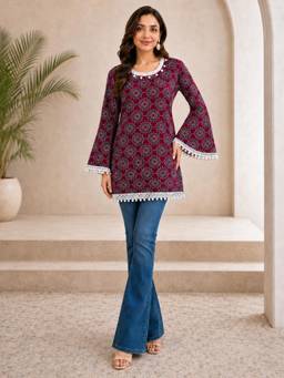 Gahan - Womens Maroon Rayon Blend Printed Straight Short Kurti