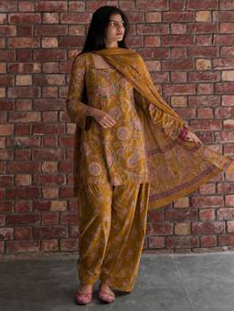 Gahan - Womens Mustard Viscose Blend Printed Straight Kurta with Farshi Salwar and Dupatta