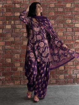 Gahan - Womens Purple Viscose Blend Printed Straight Kurta with Farshi Salwar and Dupatta